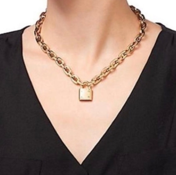 Michael Kors Chain Link Padlock Necklace 14k Gold Plated Stainless Steel NWT - Picture 3 of 16